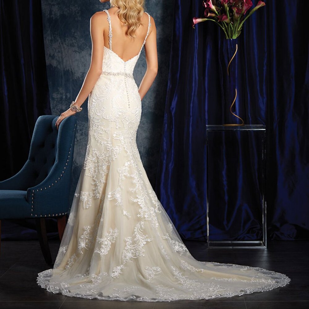 Sample Vintage Lace Wedding Dress, Sexy Fit & Flare Bling Strap & Belt Sample